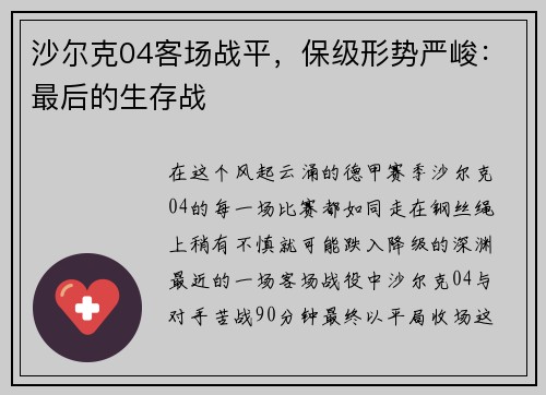 沙尔克04客场战平，保级形势严峻：最后的生存战